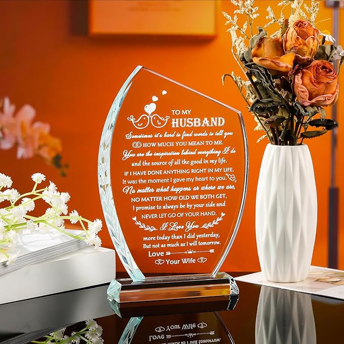QIANWEI Fathers Day Unique Gifts for Husband from Wife Romantic Glass Plaque, Best Husband Birthday Gifts Wedding Anniversary To My Husband Present for Christmas Valentines Day