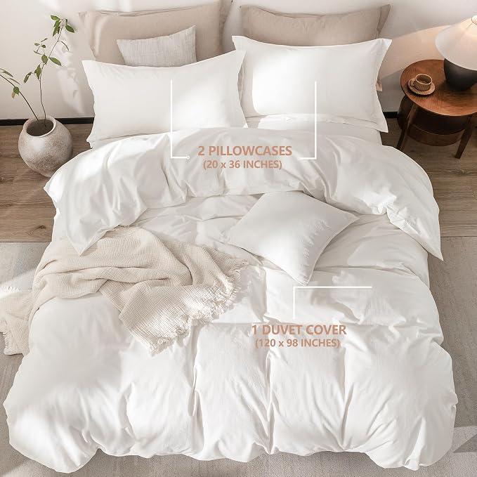 Linen Feel Duvet Cover Oversized King Size 120inch x 98inch,100% Washed Cotton Duvet Cover with Zipper Closure and 2 Pillowcases, Color of Off White