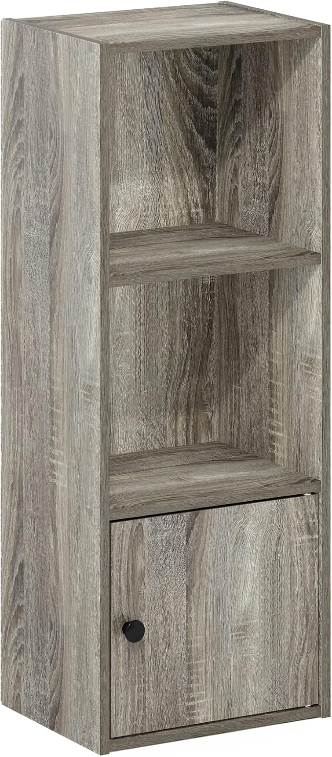 Furinno LUDER Book Shelf, 3-Tier Modern Bookshelf, Bookcase with 1 Door Storage Cabinet, 9.3 x 12 x 31.5, for Organization and Storage, for Living Room, Bedroom, Home Office, French Oak