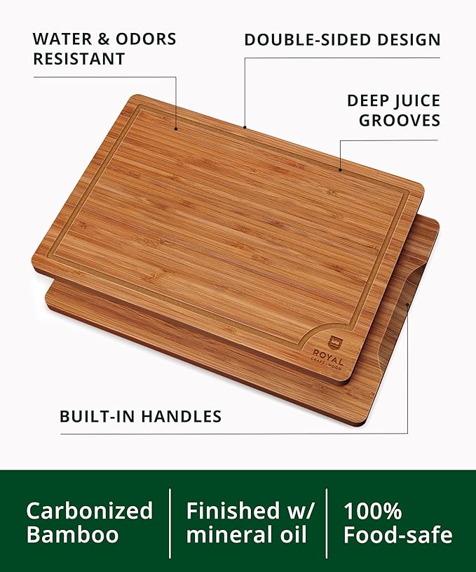 ROYAL CRAFT WOOD Wooden Cutting Boards for Kitchen Appliances - Non Toxic Bamboo Wood Cutting Board Set with Deep Juice Groove, Side Handles, Charcuterie & Butcher Block for Meat, Meal Prep & Serving