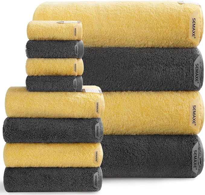 SEMAXE Bath Towel Set, 12 Piece Cotton Towel Set for Bathroom, More Towels for Family Use, Quick Dry with Hanging Loops, Easy Care, Yellow & Gray
