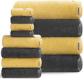 SEMAXE Bath Towel Set, 12 Piece Cotton Towel Set for Bathroom, More Towels for Family Use, Quick Dry with Hanging Loops, Easy Care, Yellow & Gray