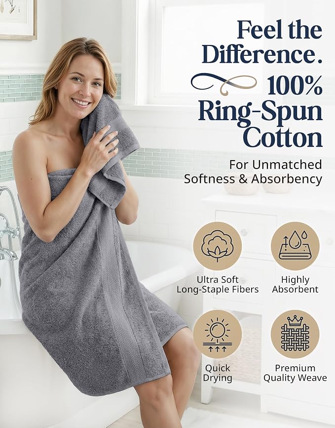 LANE LINEN Towel Set for Bathroom 16 Piece Soft Absorbent - Cool Grey | Towels And Washcloths Sets - Oversized & Roomy, Lightweight & Breathable, Fade-Resistant Color, Classic Terry Weave
