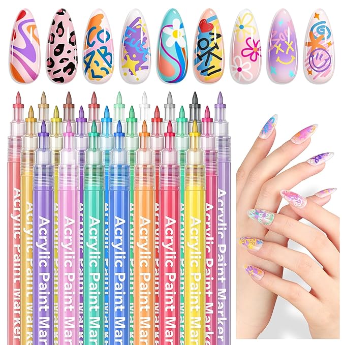 SAVILAND Nail Art Pens Set: 24 Colors Spring Summer 3D 0.7MM Quick Dry Nail Polish Pens for Nail Art Design Acrylic Paint Makers Drawing Point Liner Pen Dotting Tools Brush Home Salon DIY