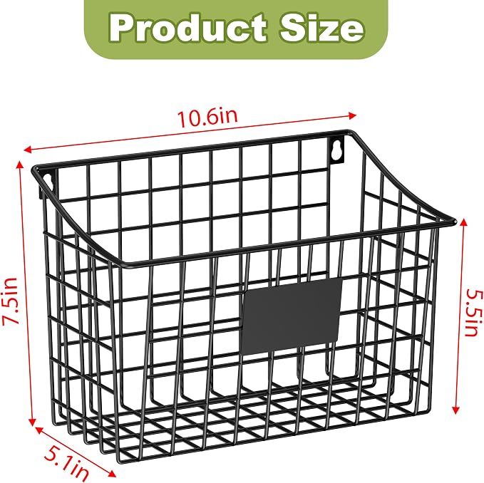 Wall Basket with Label Plate & 5 S-Hooks –4 Pack Hanging Wire Basket for Organizing, Wall Storage for Kitchen, Bathroom, Pantry, Laundry, RV – Hanging Wall Basket, Metal