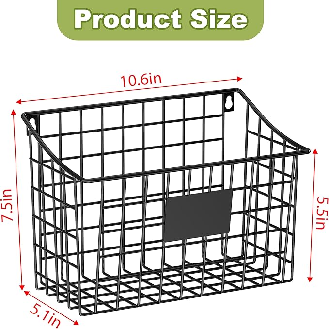 Wall Mounted Bin Basket with 5 Hooks 3 Label Plate Adhesive-3 Pack, Cabinet Hanging Metal Wire Basket,Rustic Farmhouse Decor, Storage Organization Shelf for Pantry Kitchen Bathroom 10.6*7.5*5.1inch