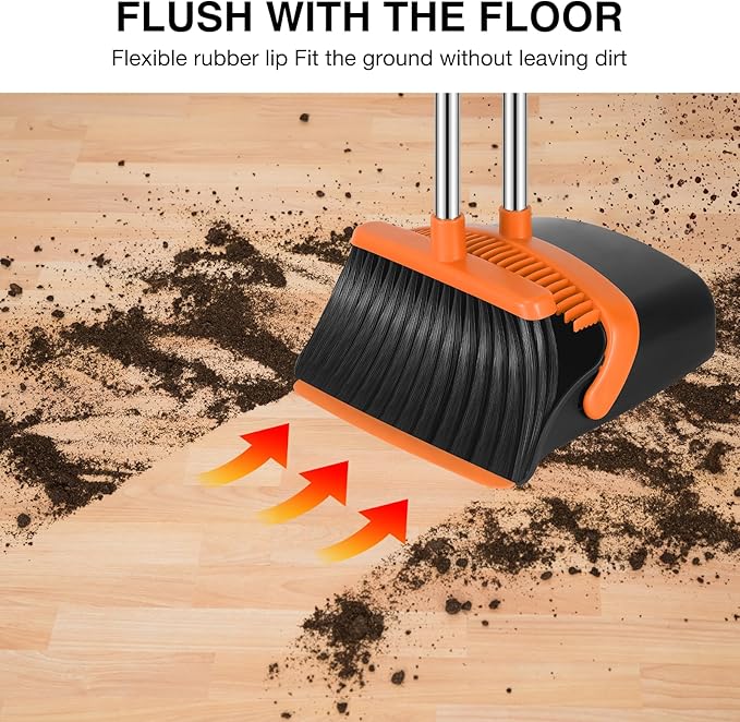 NACENA Broom and Dustpan Set, 52-in Long Adjustable Handle Broom Dustpan Combo with Dustpan Teeth to Automatically Clean Hair Suitable for Home Kitchen Office Hall Floor (Black&Orange), 4 Pack