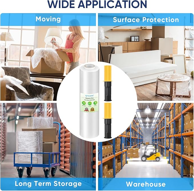 TICONN Stretch Wrap Stretch Film Roll, 1000ft Industrial Strength 15 inch Wide Clear Plastic Wrap with Handles for Pallet Wrapping Shipping Moving