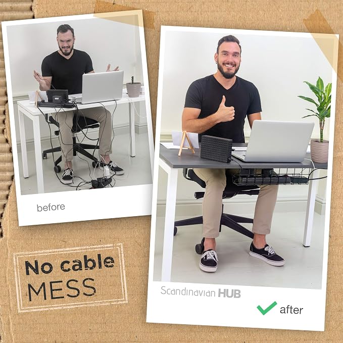 Under Desk Cable Tray, Cord Organizer for Wire, Cord Management, Under Desk, Wire Holders - Black Tray - Set of 4X 17