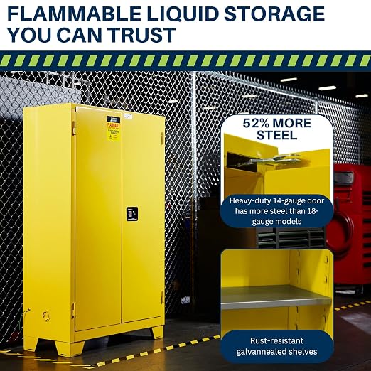 Jamco 45 Gallon Steel Flammable Safety Cabinet, Manual Doors, Yellow | Forkliftable 18-Ga, Safety Cabinet, 2 Adjustable Shelves, 43"Wx18"Dx70"H, Lockable Manual-Close Doors, Osha & Fm Certified