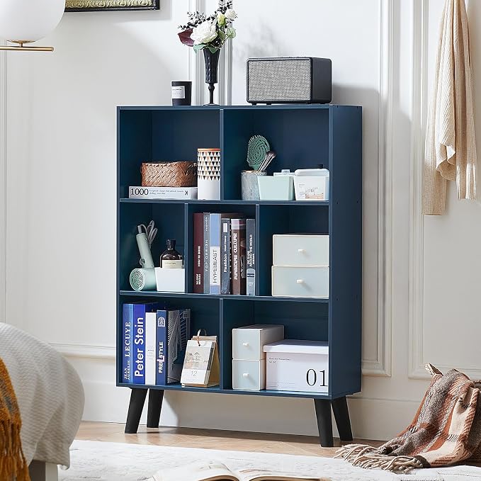 LEYAOYAO Cube Bookshelf, Mid-Century Modern Book Shelf with Legs, Dark Blue | 3 Tier Bookcase, Rustic Wood Bookshelves Freestanding Small Storage Organizer, Open Shelves for Bedroom, Living Room, Office