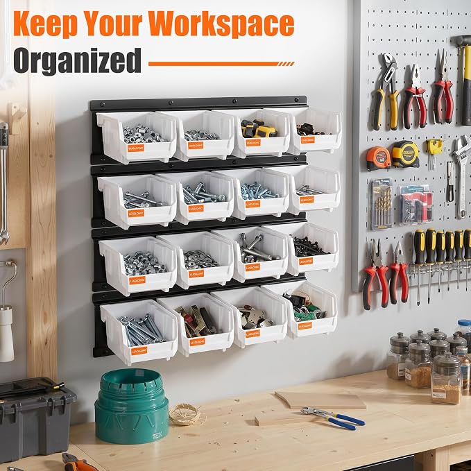 16pc Wall-Mounted Storage Organizer Set with Metal Rails White | Heavy duty tool organization box with metal rails. Ext 5"x4"x3" for garage screws nuts bolts.