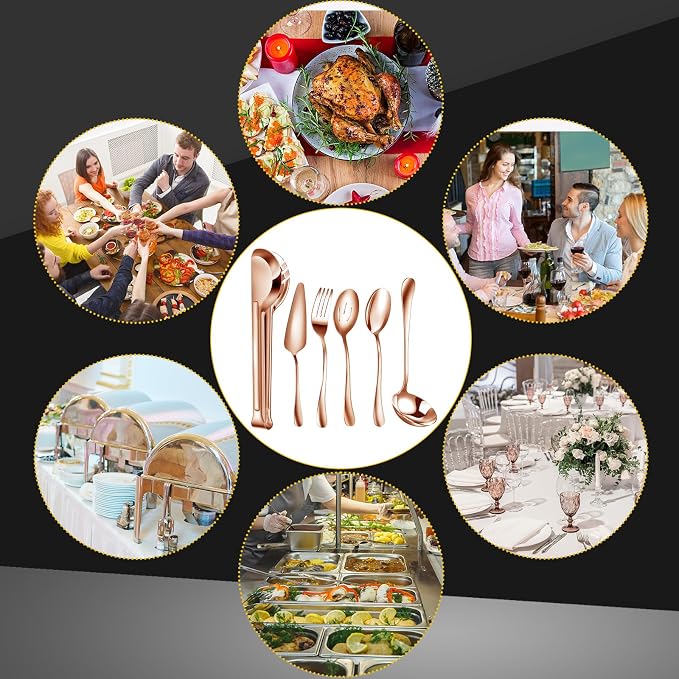 Thenshop 30 Pcs Serving Utensils Set Stainless Steel Flatware Serving Set Include Large Spoons Slotted Spoons Forks Soup Ladle Pie Server and Tongs for Buffet Catering Party Restaurant(Rose Gold)
