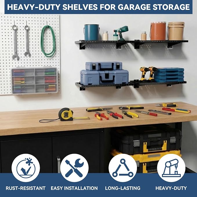 Garage Wall Shelving 4-Pack, 24"x12" Wall Mounted Shelves, Heavy Duty Shelves for Garage Storage, Holds Up to 100 lbs, Black