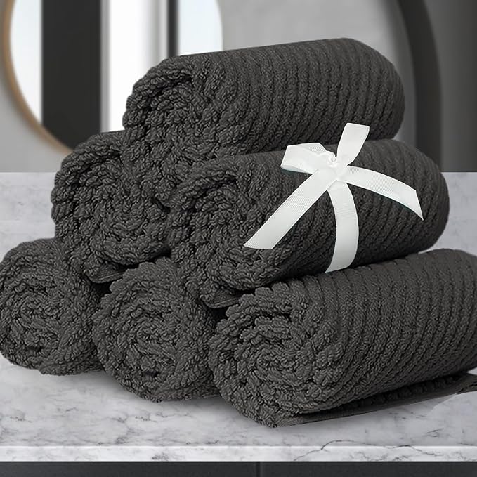 VOOVA & MOVAS Washcloths 6PC, 100% Cotton, 13x13 in, Dark Gray | Thick, Quick Dry, Wash Cloths For Showering, Bathroom Gift Set, Perfect For Home, Spa, Housewarming Gift