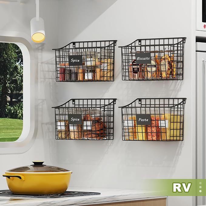 Wall Basket with Label Plate & 5 S-Hooks –4 Pack Hanging Wire Basket for Organizing, Wall Storage for Kitchen, Bathroom, Pantry, Laundry, RV – Hanging Wall Basket, Metal