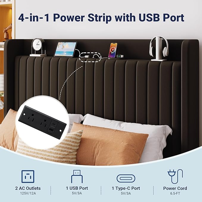 Allewie Full Lift Up Storage Hydraulic Bed Frame,Charging Station,Black | Storage Shelf Headboard with Charging Station,Type-C,USB Ports,Hydraulic Support,Velvet Upholstered,No Box Spring Needed