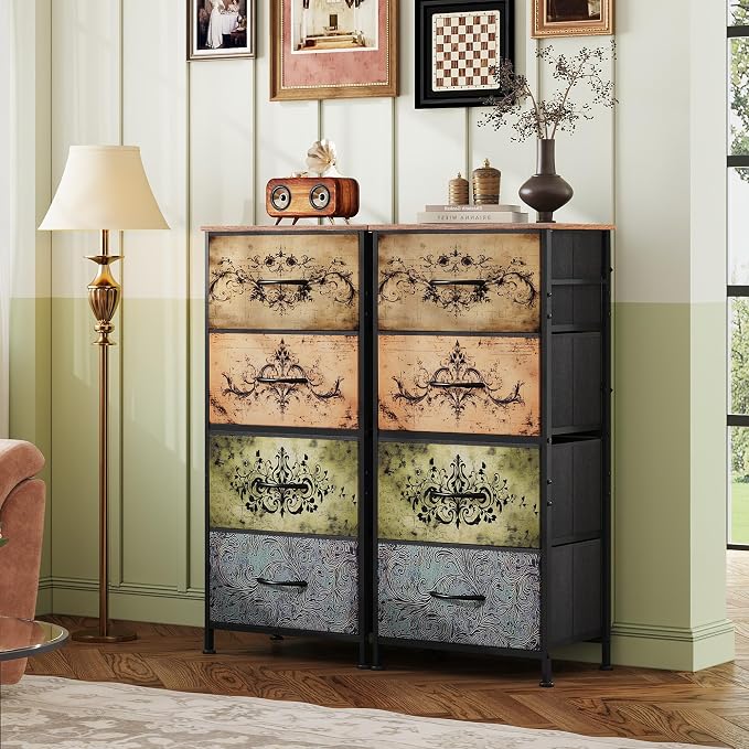 WLIVE Small Dresser Nightstand for Bedroom, 4 Drawers, Pattern | 4 vertical fabric drawers, Space-saving tower, Bedroom or closet use, Chest of drawers, Dresser for small spaces