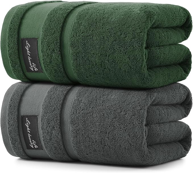 REDKISS 2 Pack Large Bath Towels Set, 100% Cotton, 31x63 in, Heavyweight 760G, Highly Absorbent & Quick Dry, Super Soft Luxury Towels for Bathroom,Hotel Collection - Gray Green
