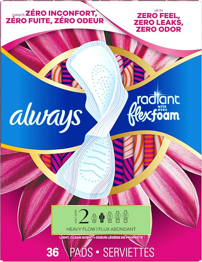 Always Radiant Feminine Pads for Women, Flexfoam Pads with Wings, Size 2, Heavy Absorbency, Lightly Scented, 36 Count