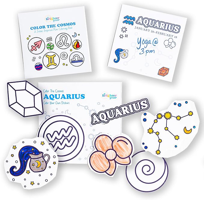A Brighter Year Color The Cosmos Aquarius Gift Bundle - Adult Mini Coloring Book (3" x 3" - 50 Pages), Post It Notes (50-3” x 3”), Stickers - Stress & Anxiety Relief - Mindfulness, Gift, Travel