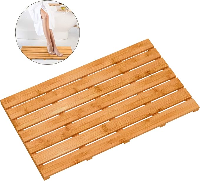 Bamboo Wooden Bath Floor Mat for Luxury Shower - Non-Slip Bathroom Waterproof Carpet for Indoor or Outdoor Use (31.3 x 18.1 x 1.5 Inches)