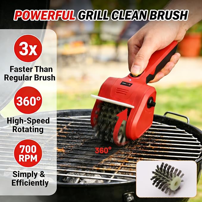 TOOLSPACE Cordless Electric Grill Brush, Rechargeable Grill Cleaner with 2PCS 360° Rotating Brush Heads, 700 RPM Powerful Cleaning for Outdoor Grills, Griddles & Barbecues