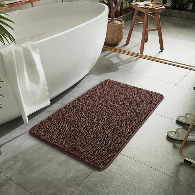 LOCHAS Luxury Bathroom Rug Shaggy Bath Mat 20 x 30 Inch, Brown | Washable Non Slip Bath Rugs for Bathroom Shower, Soft Plush Chenille Absorbent Carpets