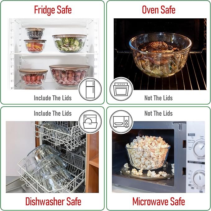 Large Stackable Set of 5 Nesting Glass Bowls with Acacia Lids for Foodprep, Storage, Baking, Sourdough Mixing & Cooking. Microwave & Oven Safe Heat Resistant Inert Borosilicate Glass