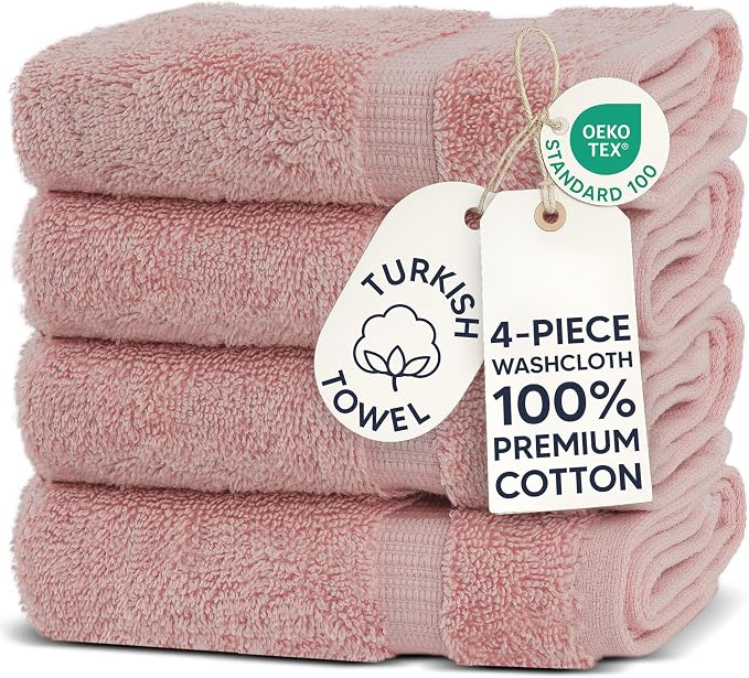 Chakir Turkish Linens 4 Piece Washcloth Set, 100% Cotton Luxury Turkish Washcloths for Bathroom, Soft Absorbent Washcloths, 13 x 13 Inches, Pink
