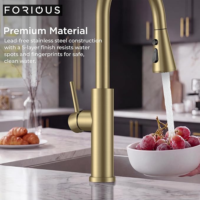 FORIOUS Kitchen Faucet with Pull Down Sprayer, High Arc Single Handle, Gold | Stainless Steel Single Lever Kitchen Sink Faucet 1 or 3 Hole, Suitable for Farmhouse, Camper, Laundry Room, Rv, Outdoor