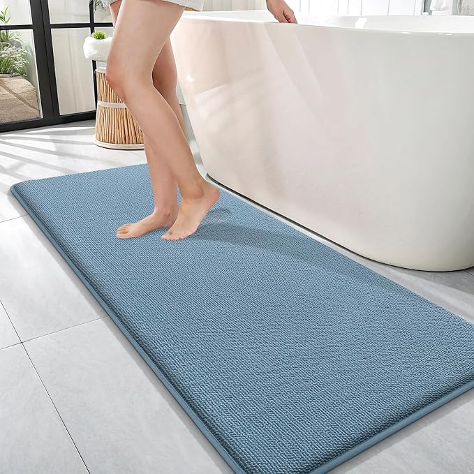OLANLY Memory Foam Bathroom Runner Rug 47x17, Absorbent Long Mat, Airy Blue | Soft Quick Dry Bath Mat Rugs, Non-Slip, Machine Washable Mat for Bathroom Floor, Tub and Shower, Home Decor Accessories