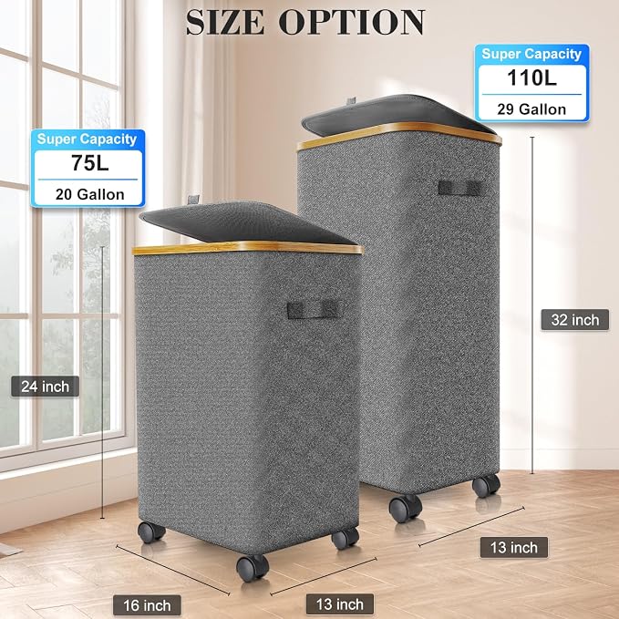 Laundry Hamper with Wheels,20 Gal (75L) Laundry Basket with lid Rolling Clothes Hamper Foldable Dirty Clothes Basket on wheels with Bamboo Frame and Bag for Bedroom, Dorm, Laundry Room-Grey