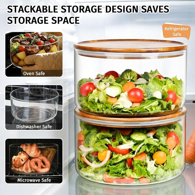 155 Oz Large Glass Trifle Bowl, Glass Salad Bowl with Acacia Wood Lid, Premium Serving Bowls for Cake, Salad, Fruit, Baking, Dessert, Meal Prep, Storing, Microwave & Oven Safe, BPA Free