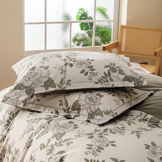 OAITE Duvet Cover Set King Size Floral Pattern 600 Thread Count Ultra Soft 100% Long Staple Cotton Duvet Cover Sets 3-PC, Breathable Duvet Cover with Zipper Closure & Corner Ties