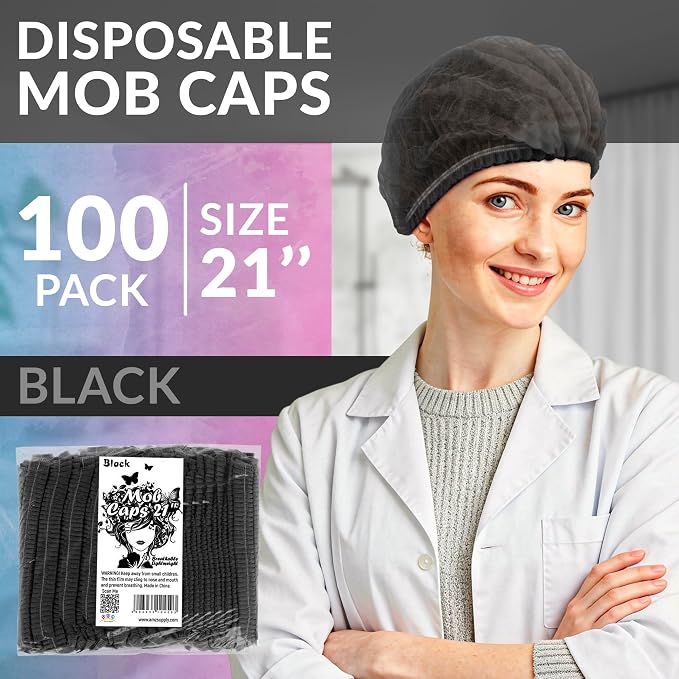 ABC PACK & SUPPLY Disposable Bouffant Caps, Black 21 Inch Hair Nets for Food Service Workers, Non Woven Polypropylene Hair Covers, Pack of 100