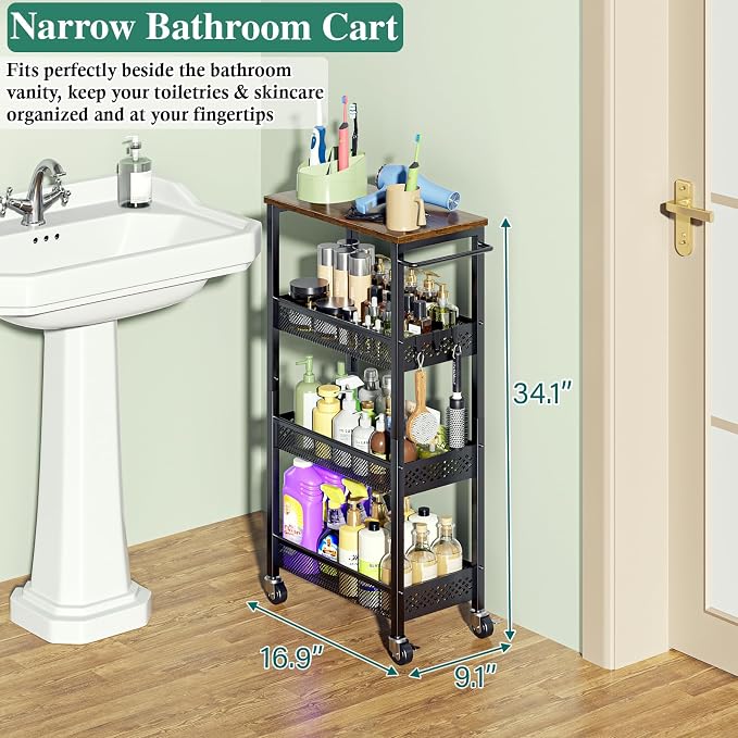 OKZEST Utility Slim Storage Cart, 4-Tier Narrow Bathroom Organizer and Storage Cart, Metal Narrow Kitchen Laundry Room Organization Rack with Wood Top, Slim Rolling Shelf with Wheels for Small Space