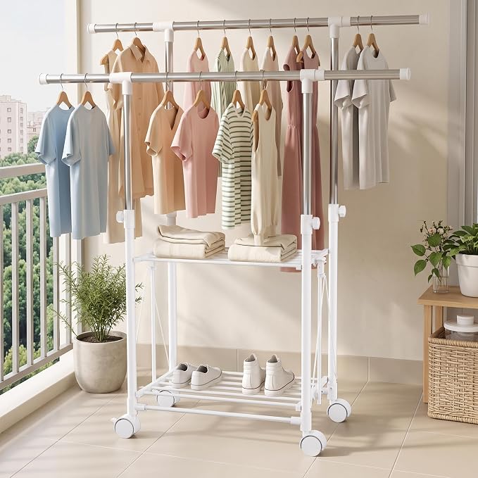 Clothes Drying Rack Foldable，Height & Length Adjustable Drying Rack | Large Drying Rack with 2-Tier Long Pole，Bedding，Lothing，Space Saving Drying Rack Clothing for Apartment，Balcony, White
