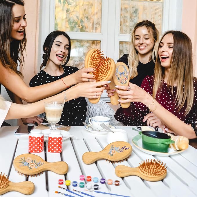 Meanplan 12 Set DIY Wooden Hairbrush Painting Kits Make Your Own Hair Brush Hand-Painted Hairbrush Night Party Supplies with Paint Brush and Palette for DIY Crafts Party Gift