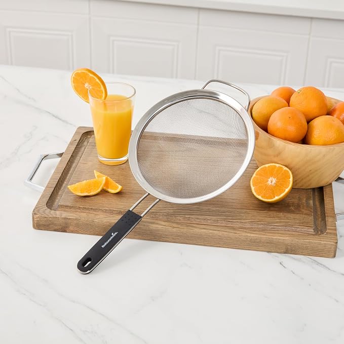 Restaurantware Fine Mesh Strainer 1 Count 15" x 7.8" x 3" with Silicone Handle Stainless Steel Extra Fine Mesh Strainer Heat-Resistant Handle Dishwasher-Safe for Rice, Quinoa, Pasta