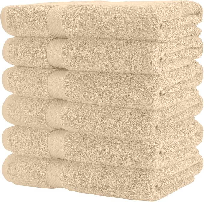 HERCULEAN Premium Bath Towels 24 x 48 Pack of 6 | Quick Dry and Highly Absorbent | 100% Cotton Terry Towels for Bathroom - Perfect for Shower - Pool and Spa - Luxury Soft Towels - Beige
