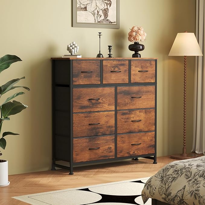 OLIXIS Dresser for Bedroom, 9 Storage Drawers, Wide Fabric Closet Chests Organizer Tower Furniture, TV Stand with Wooden Top Metal Frame for Clothes, Living Room, Hallway, Entryway, Rustic Brown