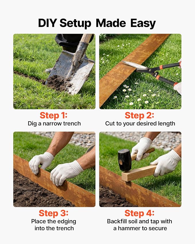 VEVOR Carbon Steel Landscape Edging, 33 ft x 5.5 in Steel Edging for Landscaping with Gloves, Easy-to-Install Bendable Metal Strips, Metal Garden Edge Border for Flower Bed, Yard Pathway, Rust