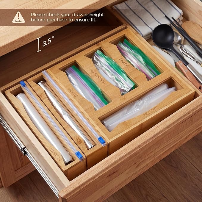 6 in 1 Storage Bag Organizer Kitchen Drawer, Bamboo Foil and Plastic Wrap Dispenser with Slider Cutter, Kitchen Bag Organizer for Quart, Gallon, Sandwich and Snack Bags