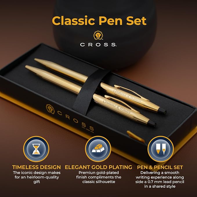 Cross Classic Century 23K Gold Ballpoint Pen and Mechanical Pencil Set - Engraved Gift Box for Anniversaries, Graduations, and Retirements