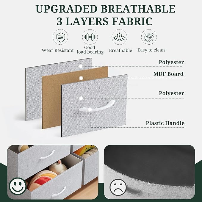 7-Drawer Dresser for Bedroom, Anti-Tip Wide Storage Organizer Fabric Chest of Drawers TV Stand for 45" TV with Wooden Top and Metal Frame for Closet, Living Room, Hallway, Entryway, Light Gray