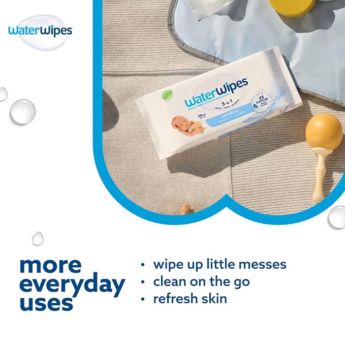 WaterWipes Sensitive+ Newborn & Baby Wipes, 3-In-1 Cleans, Cares, Protects, 99.9% Water, Unscented & Hypoallergenic, 240 Count (4 Packs)