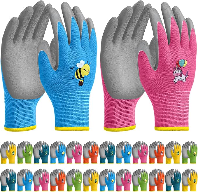 24 Pairs Kids Gardening Gloves Kids Children Yard Grippy Rubber Coated Garden Work Gloves for Girls Boys Outdoor (Medium, Age 6-8)