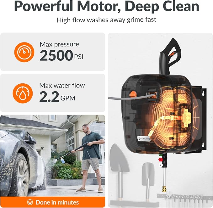 Giraffe Tools 65 FT Retractable Wall Mounted Pressure Washer G20, 2500 PSI | 2.2 GPM, Automatic Rewind with 180° Swivel Bracket, 5 Nozzles, Foam Cannon for Car, Fences and Patio Cleaning, Dark Silver