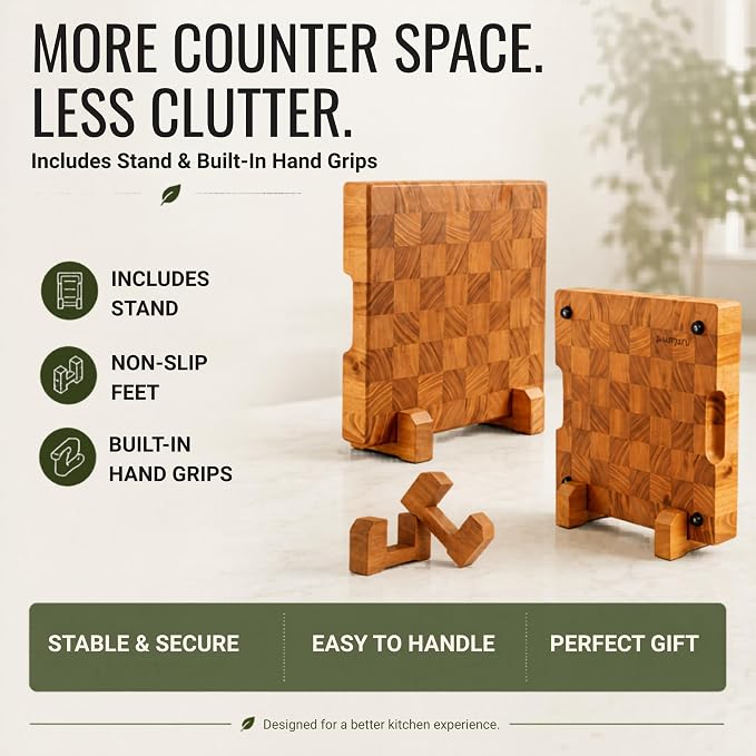 SHUMARU Mahogany End Grain Cutting Board 12.6×12.6×2 in with Holder – Handmade Checkered Butcher Block, Knife-Friendly, Non-Slip Feet, Ergonomic Handles
